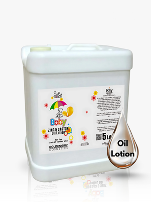 White container of Golden's Secret Baby Oil Lotion with a droplet graphic on a white background
