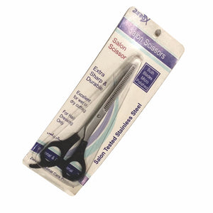 “Double thinner scissors made of stainless steel, ideal for thinning, layering, and texturizing hair, suitable for professional or home haircuts.”