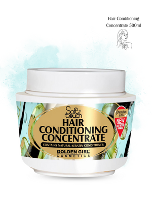 Hair conditioning concentrate container with branding on a light blue background