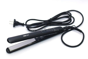 A black Hairtec hair straightener with a power cord and a comb attachment.