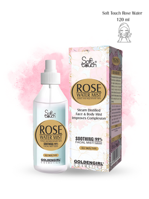 Rose water mist bottle and packaging with 'Goldengirl' branding on a white background.