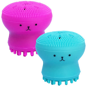 Two makeup remover tools with a cartoonish design, one in pink and the other in blue, against a white background.