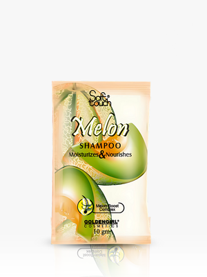 Melon shampoo packet with green melons on a white background