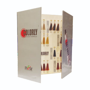 “Golden Girl Cosmetics hair color shade card book with multiple swatches and product codes.”