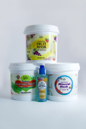 Collection of skincare products including fruit mask, vegetable masque, face wash, and mineral mask on a white background.