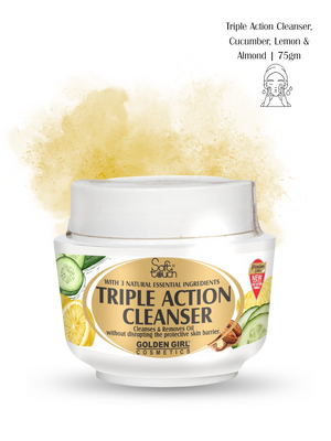 Triple Action Cleanser jar with cucumber, lemon, and almond ingredients on a white background