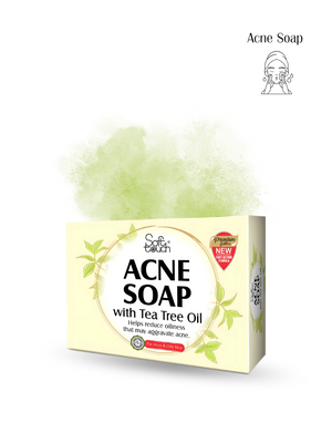 Acne soap packaging with tea tree oil on a white background