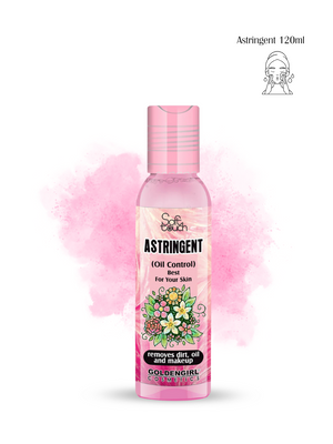 Pink bottle of Golden Girl astrigent with floral design on a white background