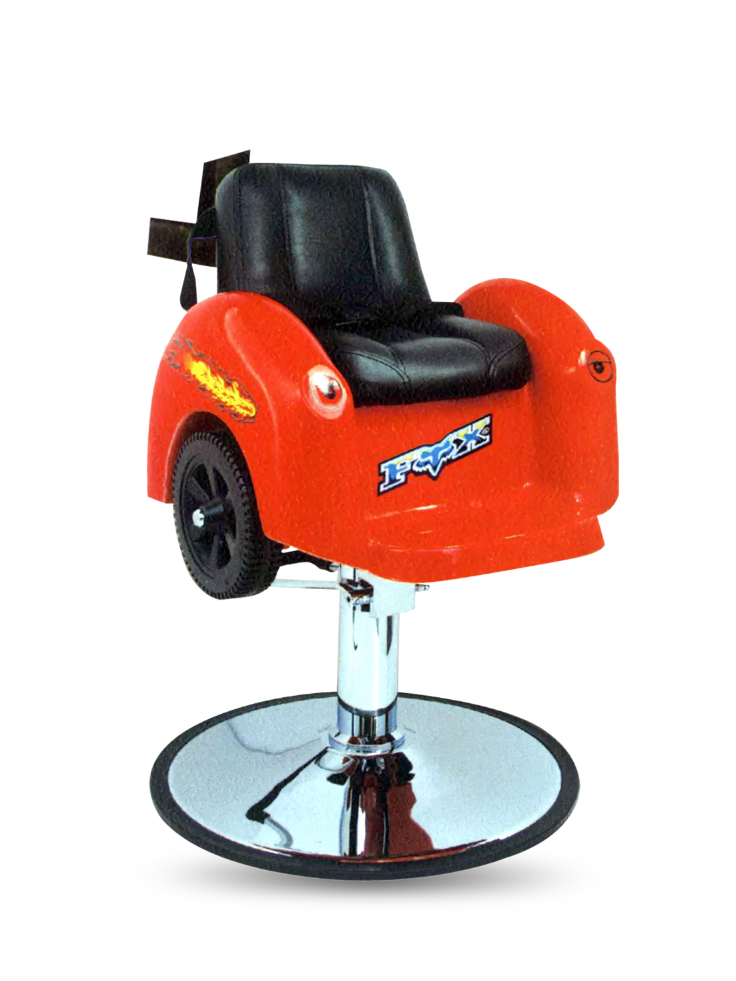 Red and black barber chair with visible branding on a white background