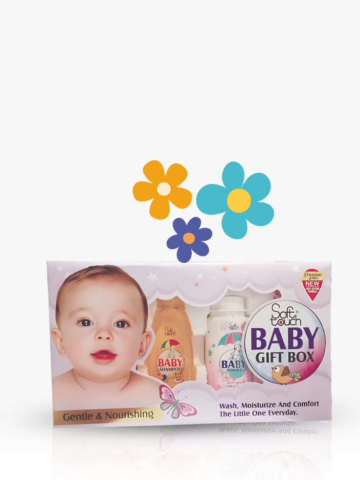 Baby gift box packaging with a baby's face and product images on a white background