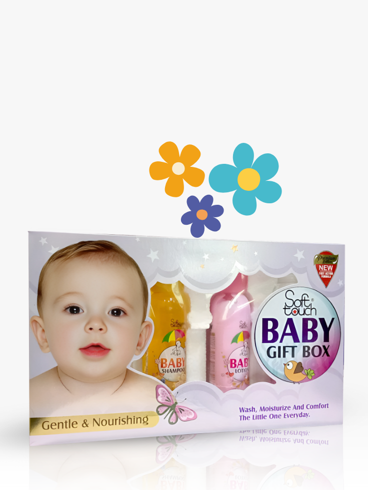 Baby gift box with a baby's face on the packaging, featuring two bottles and a toy.
