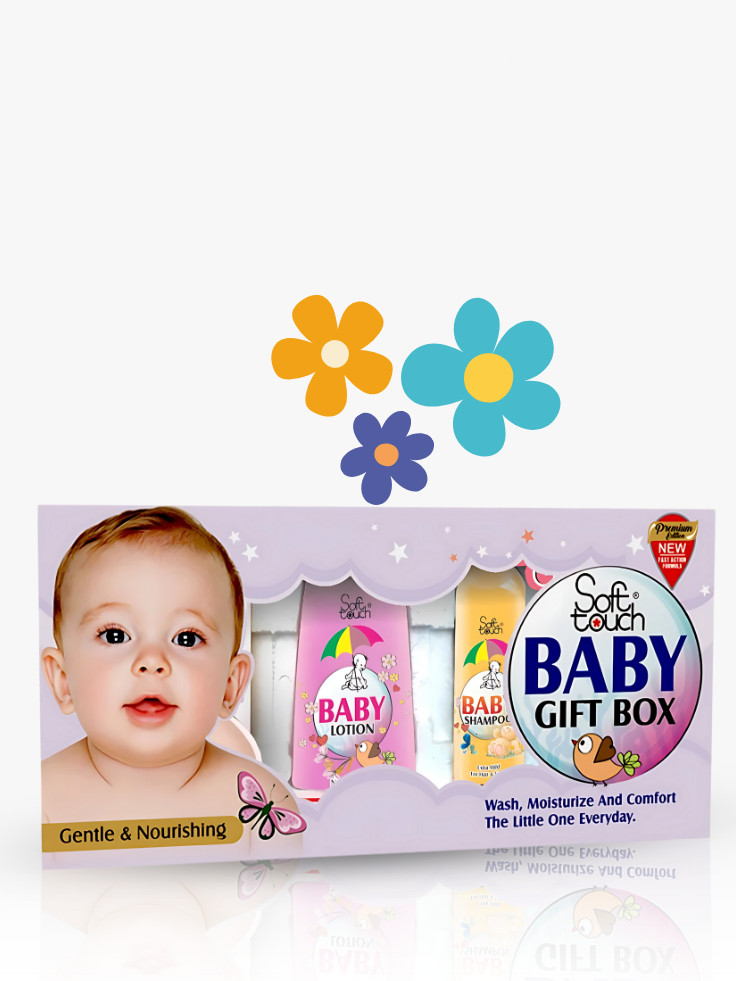 Baby gift box with Soft Touch branding featuring a baby's face and product images on a white background.
