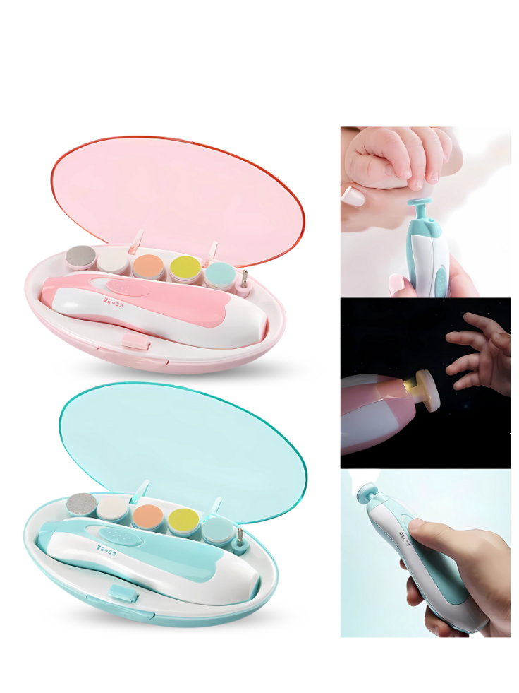 Baby nail care kit with pink and blue cases, nail clippers, and a mirror.