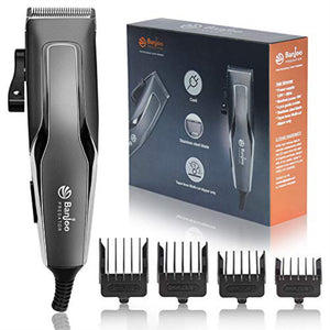 Hair trimmer with packaging and attachments on a white background