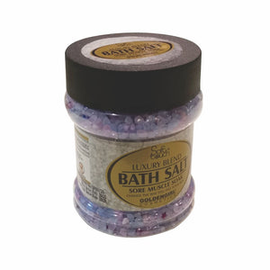 Jar of bath salts with a label on a white background