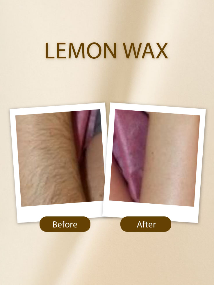 Before and after comparison of lemon wax treatment on skin with text 'LEMON WAX' on a beige background.