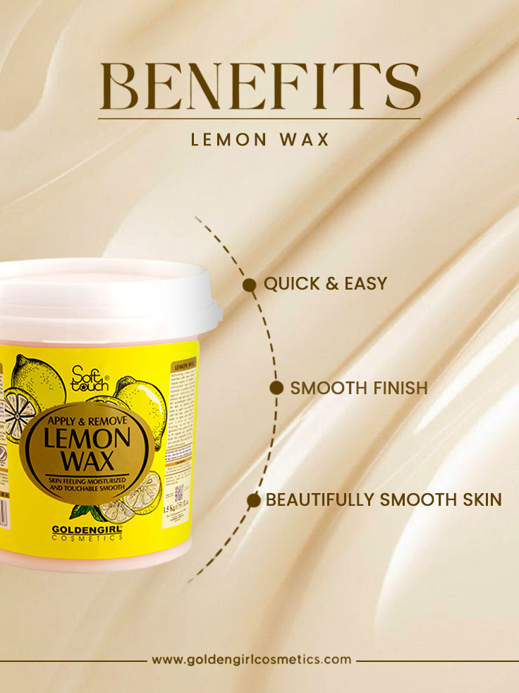 Lemon wax product with benefits listed on a beige background