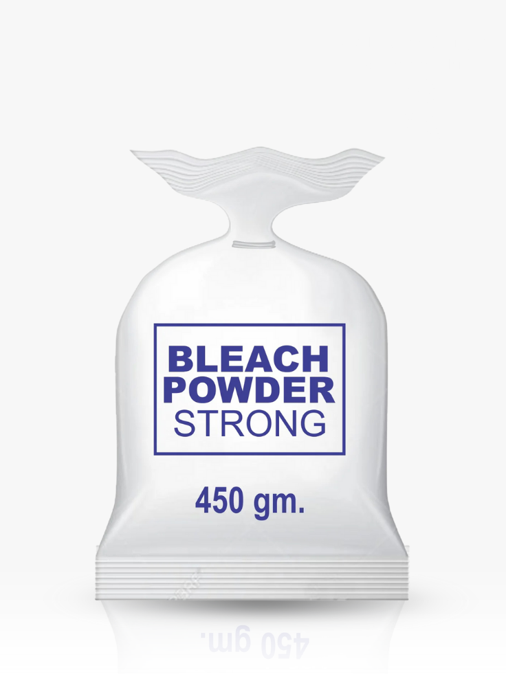 Bleach powder package with blue text on a white background