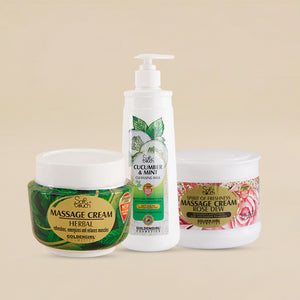 Three massage cream products from GoldenGirl on a beige background