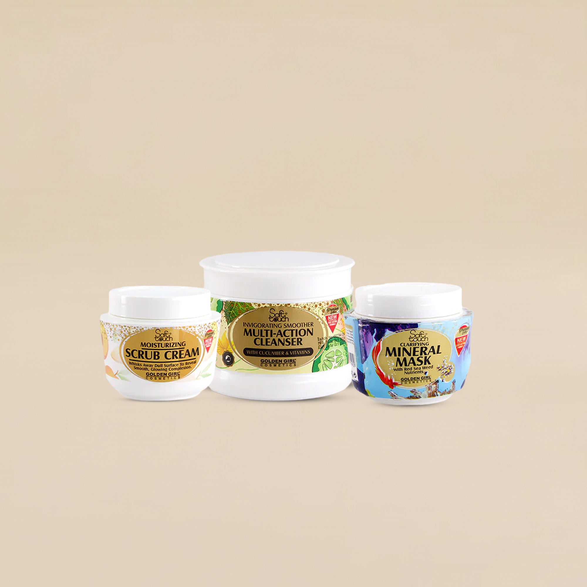 Three skincare product jars labeled 'Scrub Cream', 'Multi-Action Cleanser', and 'Mineral Mask' on a beige background.