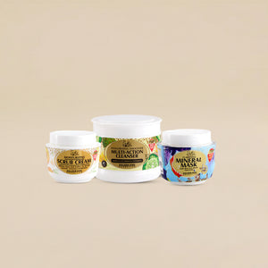 Three skincare product jars labeled 'Scrub Cream', 'Multi-Action Cleanser', and 'Mineral Mask' on a beige background.