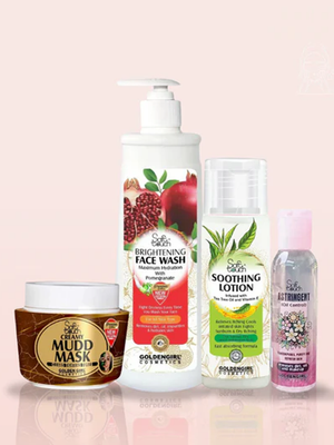 Collection of skincare products including a face wash, lotion, and mask on a light pink background.