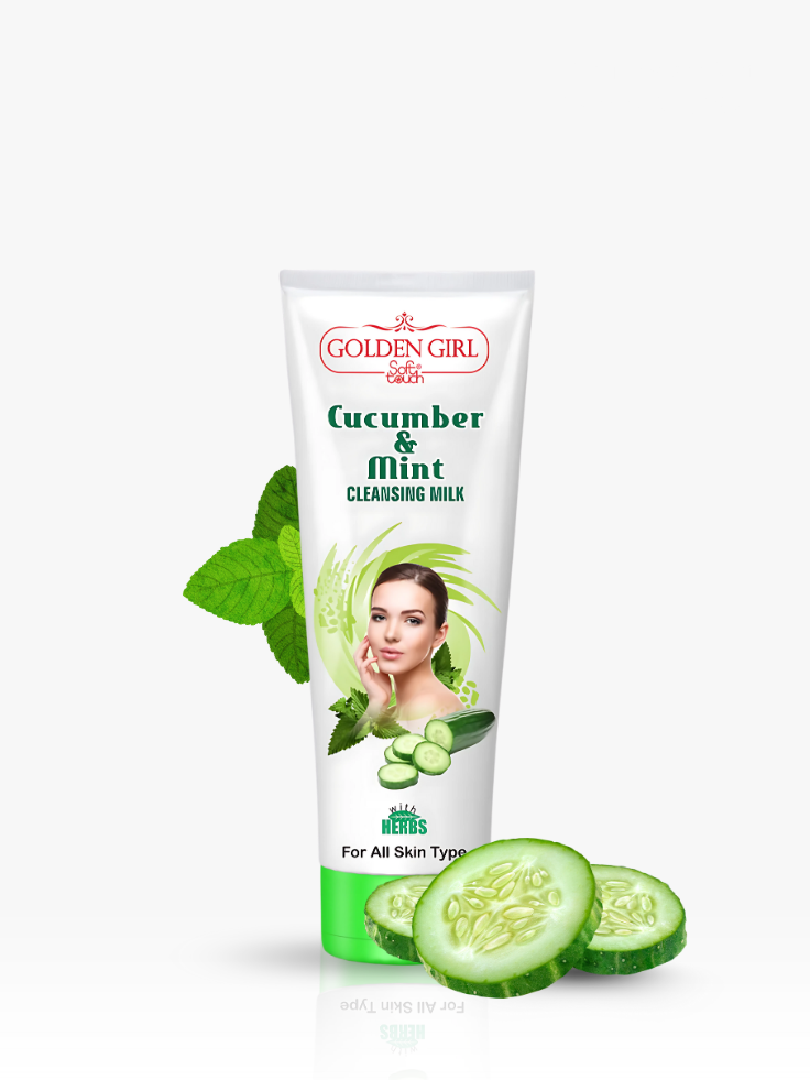 Tube of Golden Girl Cucumber & Mint Cleansing Milk with cucumber slices and a woman's face on a white background