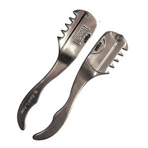 A pair of stainless steel callus shavers with curved blades and long handles.
