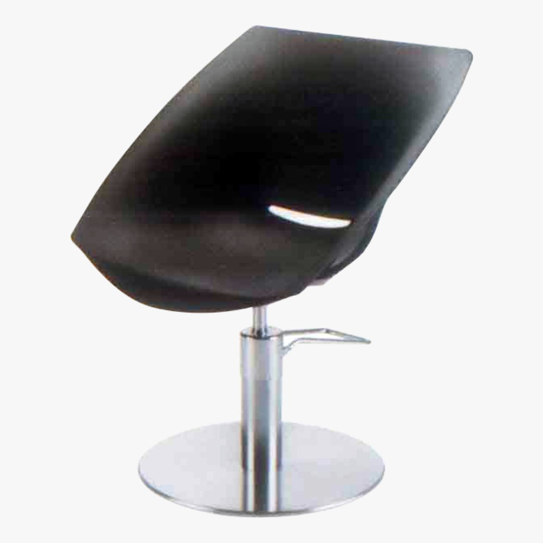 A black upholstered salon chair with a chrome base and a hydraulic pump for reclining.
