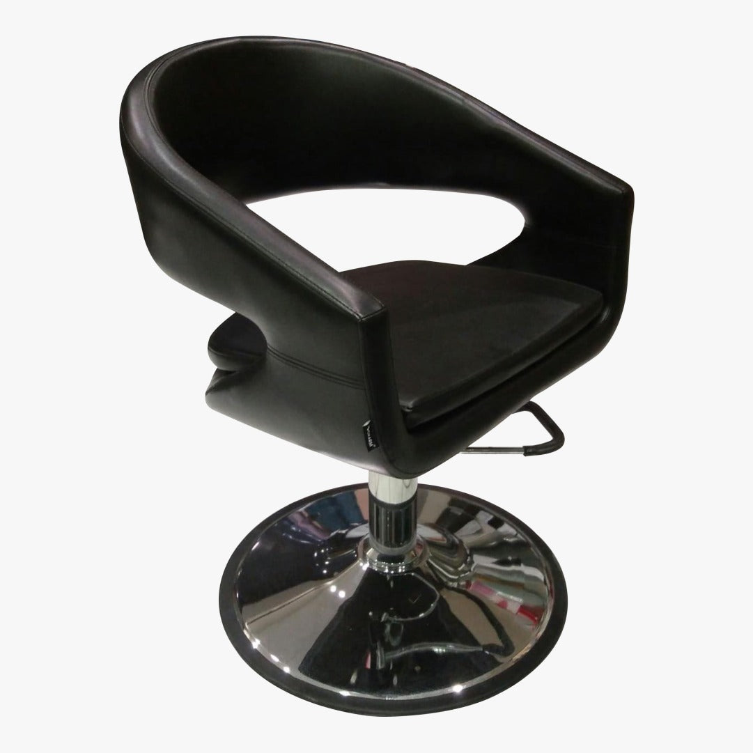 A black salon chair with a chrome adjustable armrest and base, featuring an upholstered seat and backrest.