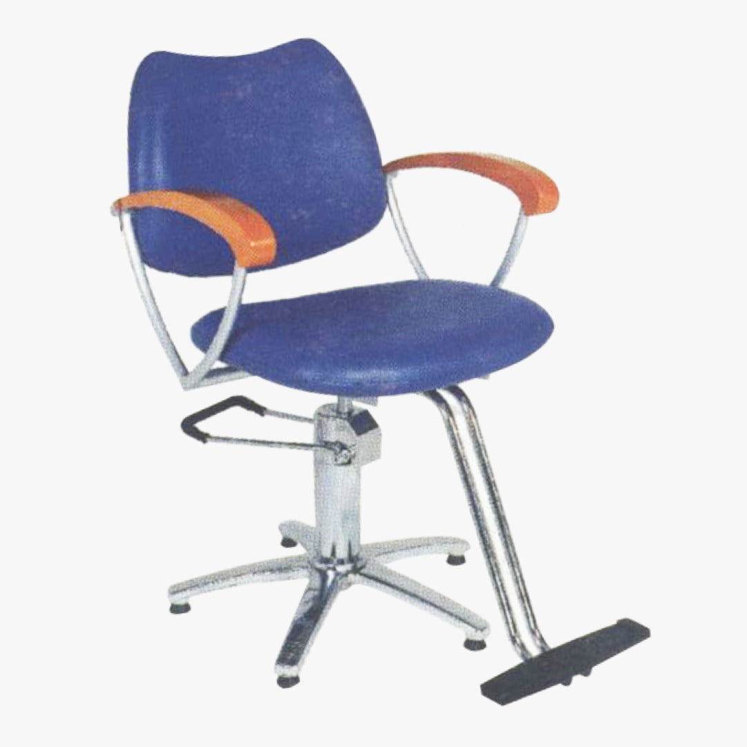 A blue and orange upholstered salon chair with a chrome hydraulic pump and lever, designed for cutting and styling clients.