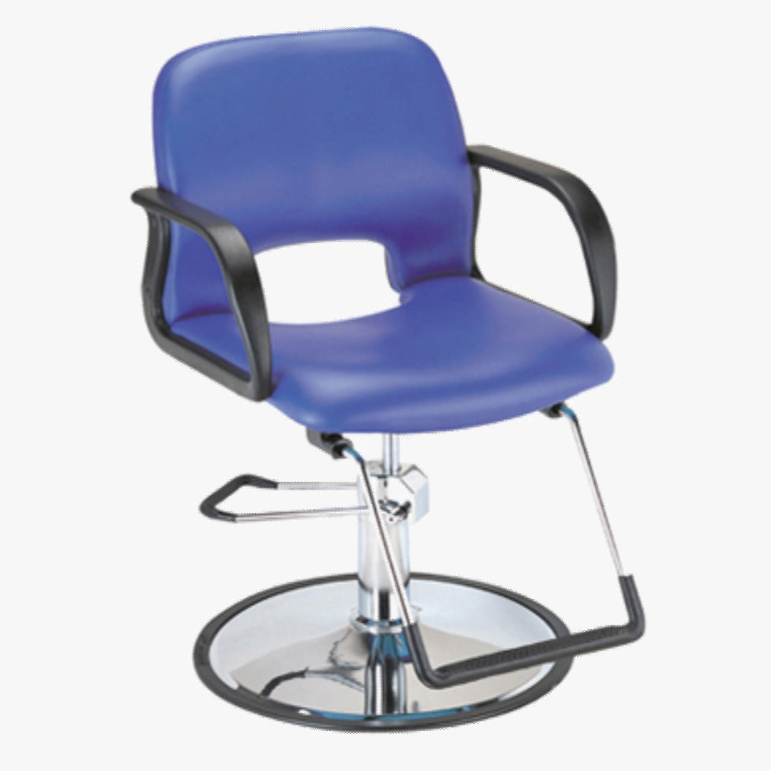 A blue salon chair with an adjustable headrest and extra-wide seat, featuring a chrome side lever and a round base.