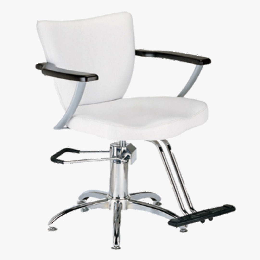 A modern white upholstered salon chair with chrome side levers and an adjustable headrest.