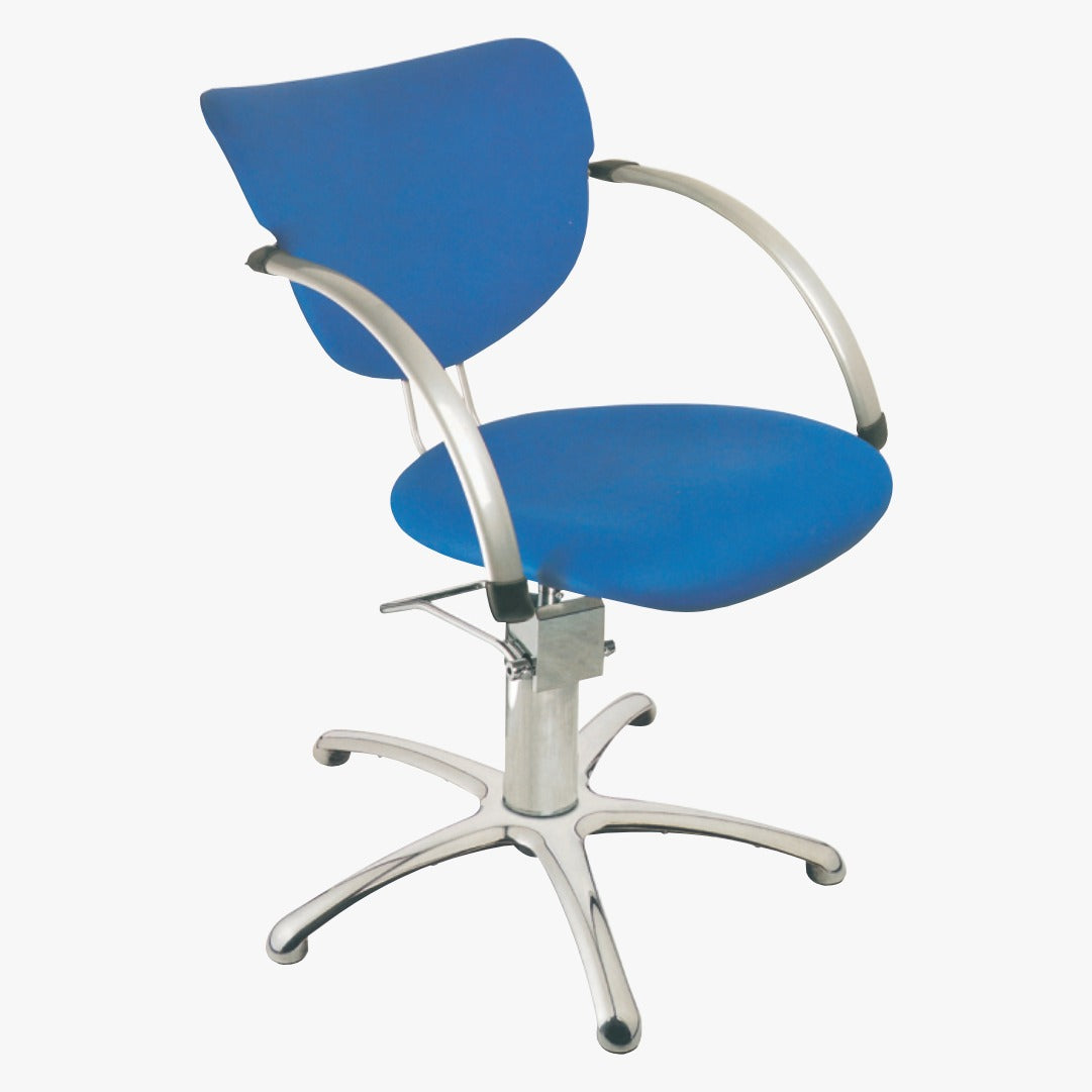 A blue salon chair with a chrome base and adjustable headrest.