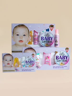 Baby gift box packaging with baby images and product illustrations on a beige background