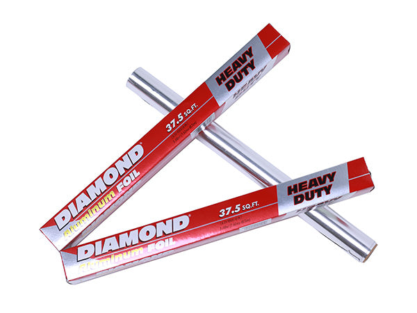 Two rolls of Diamond brand aluminum foil paper, with red and silver coloring and text indicating 'Heavy Duty' and 5.75 kg weight.