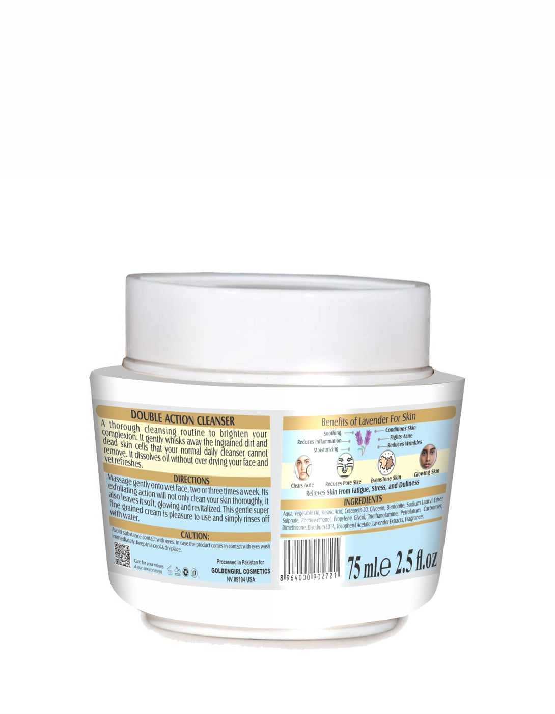 Jar of skincare product with label on a white background