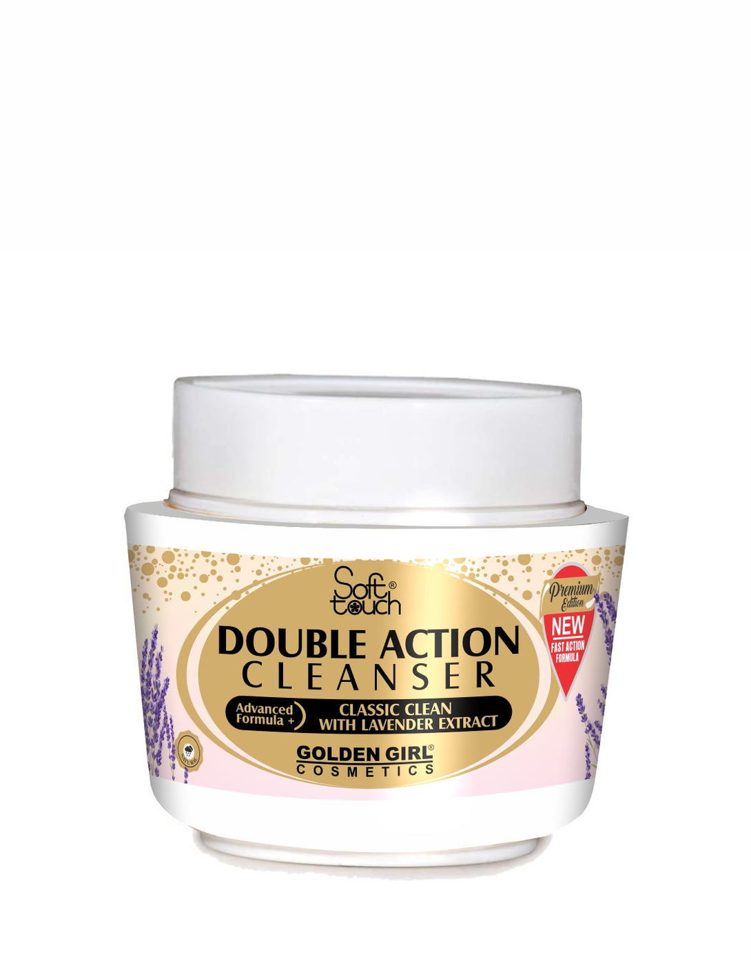 Double Action Cleanser jar with gold label on a white background