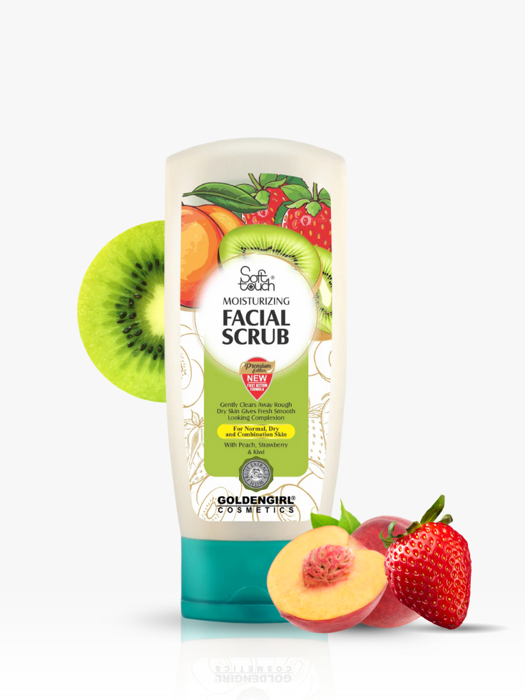 Facial scrub tube with fruit-themed packaging on a white background