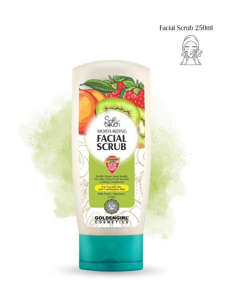 Facial scrub tube with fruit illustration on a white background