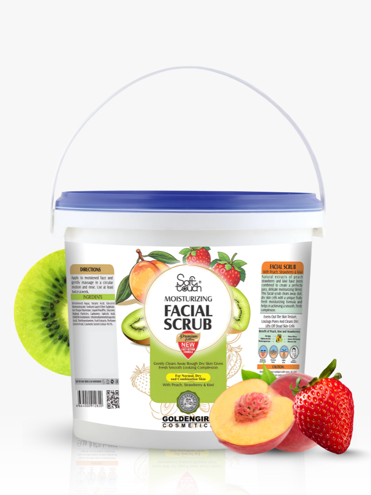 Facial scrub container with fruit illustrations on a white background