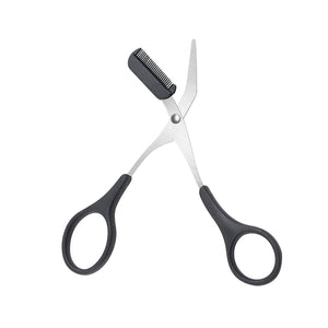 A pair of fine scissors, also known as eyebrow scissors, with straight blades and black handles.