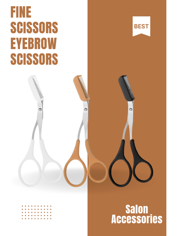 Three pairs of scissors on a brown background with text 'Fine Scissors Eyebrow Scissors' and 'Best Salon Accessories'.