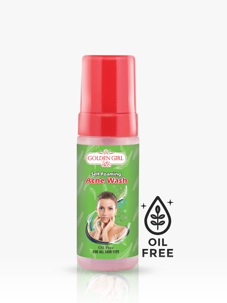 Golden Girl Self Foaming Acne Wash bottle with red cap on a white background