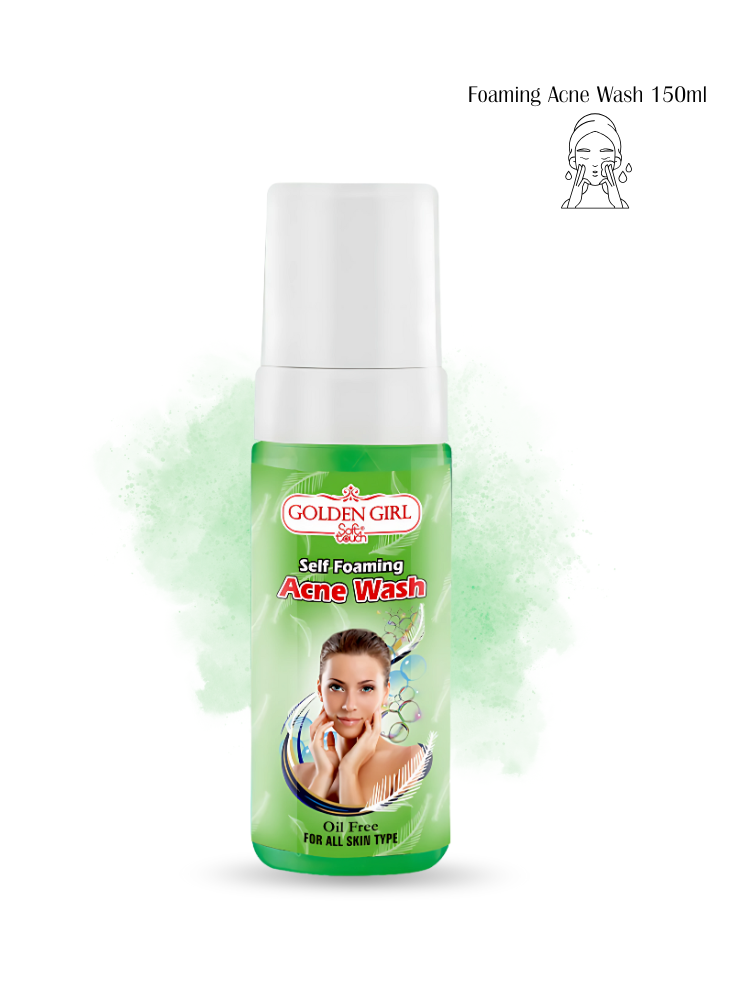 Green bottle of Golden Girl Self-Foaming Acne Wash on a white background