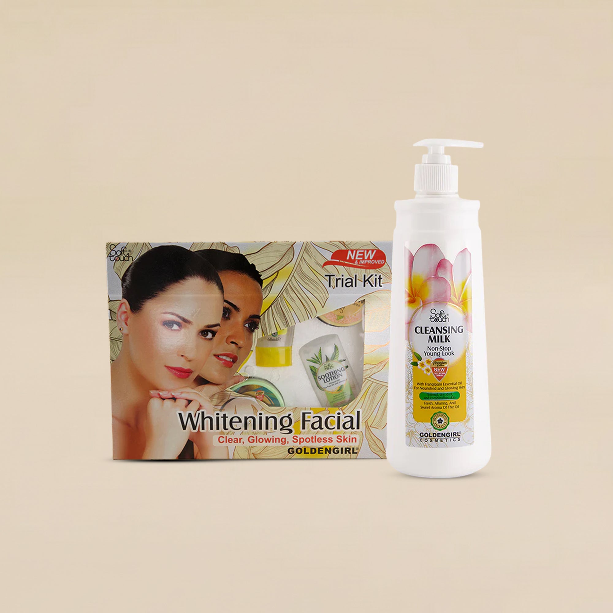 Whitening facial kit and cleansing milk bottle on a beige background