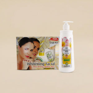 Whitening facial kit and cleansing milk bottle on a beige background