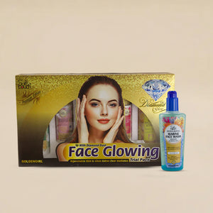 Goldengirl Face Glowing Trial Pack with face wash bottle on beige background