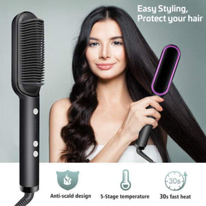 A hair straightener with a ceramic heated plate, featuring a black handle and a purple power cord. An image of a woman holding the hair straightener and a graphic illustration of the device's features including anti-scald design, 5 stage temperature control, and fast heat up time.