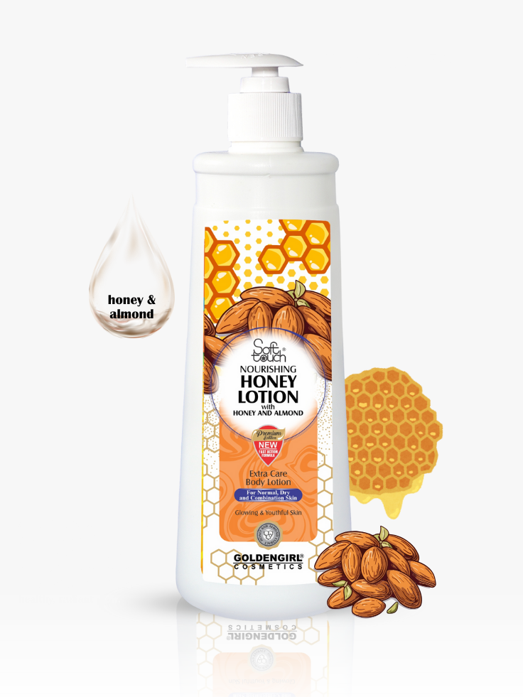 Honey lotion bottle with honeycomb and almond illustrations on a white background
